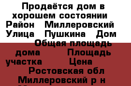 Продаётся дом в хорошем состоянии › Район ­ Миллеровский › Улица ­ Пушкина › Дом ­ 40 › Общая площадь дома ­ 58 › Площадь участка ­ 10 › Цена ­ 900 000 - Ростовская обл., Миллеровский р-н, Мальчевская ст-ца Недвижимость » Дома, коттеджи, дачи продажа   